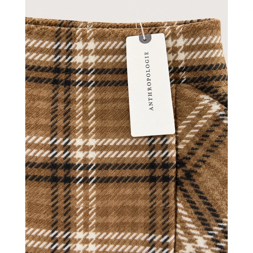 Anthropologie Plaid High Waisted Midi Skirt Brown Ivory Size 4 NWT